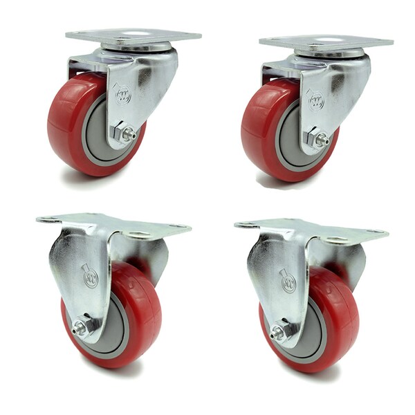 3 Inch Red Polyurethane Wheel Swivel Top Plate Caster Set with 2 Rigid SCC